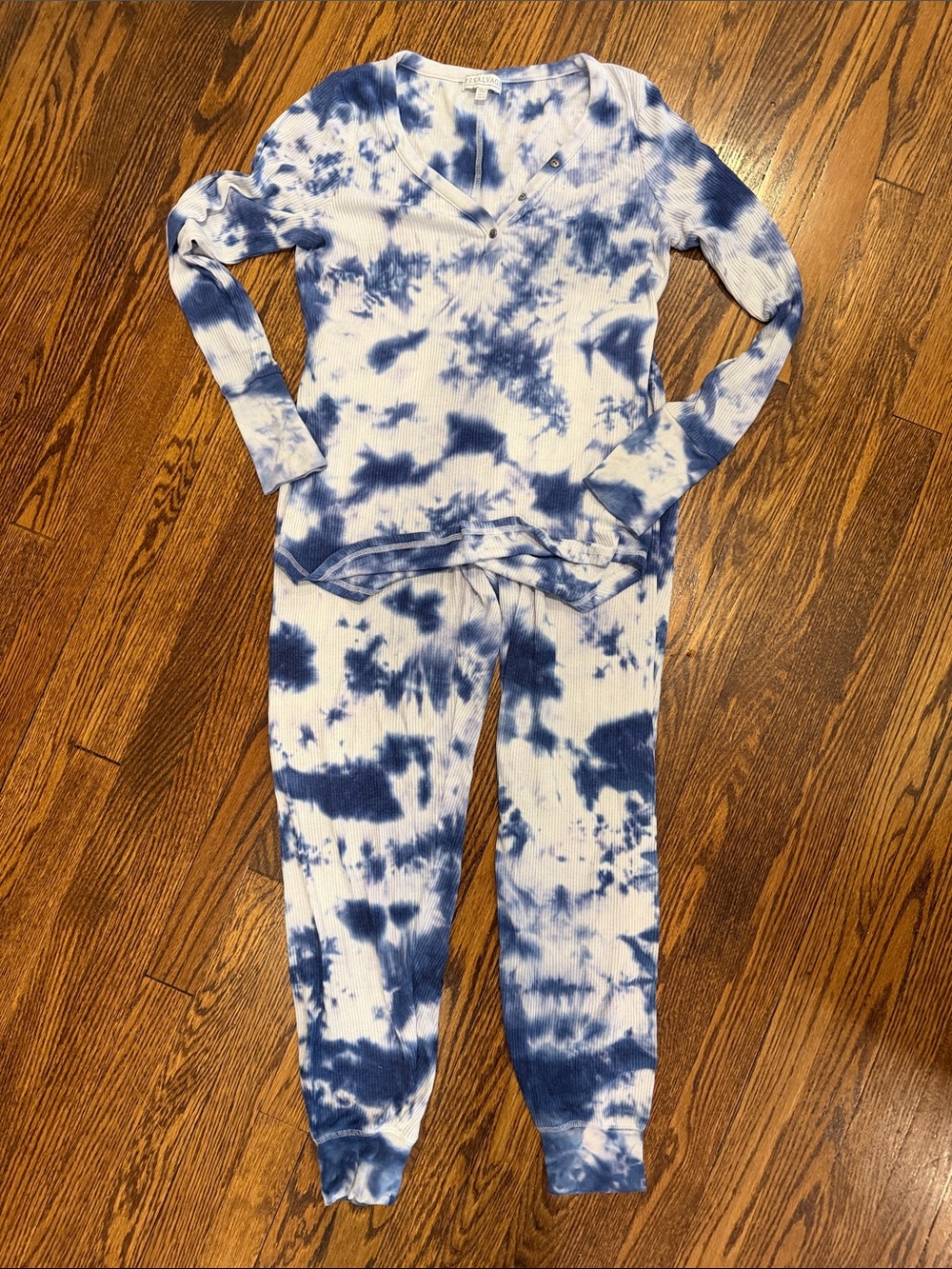 PJ Salvage Pajama Set Blue and White Tie-Dye Ribbed Loungewear